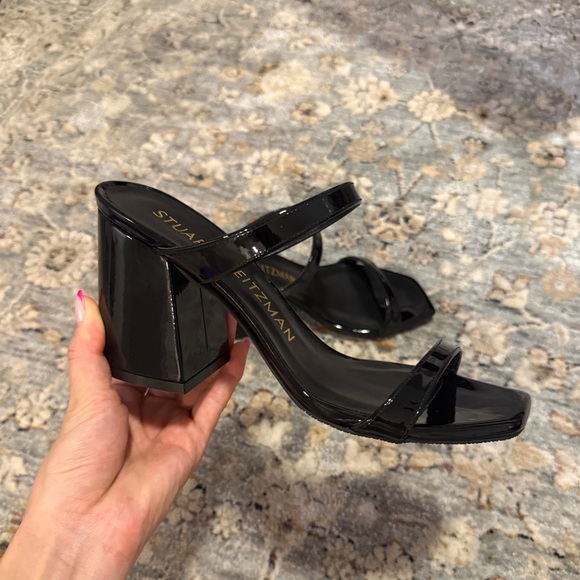Stuart Weitzman Shoes - Stuart Weitzman Black Patent Two-Strap Block Heel Sandals
